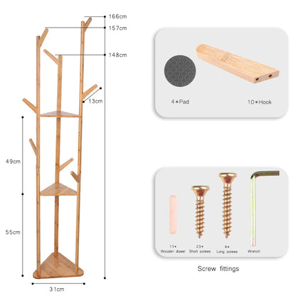 Wooden Coat Hat Hanger Stand 10 Hooks Floor Standing Clothes Bags Umbrella Rack Tree Hanger Bag Hat Hook Holder