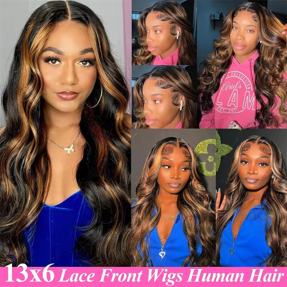 FB 30 Highlight Ombre Body Wave Black Brown Colored 40 46 Inches Front Wigs 13x4 13x6 HD Lace 100% Human Long Hair Frontal Wig