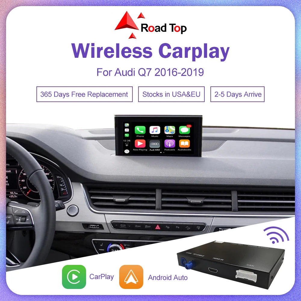 Road Top Wireless CarPlay for Audi Q7 2016-2019, Android Auto Interface Mirror Link AirPlay Bluetooth USB Player Camera
