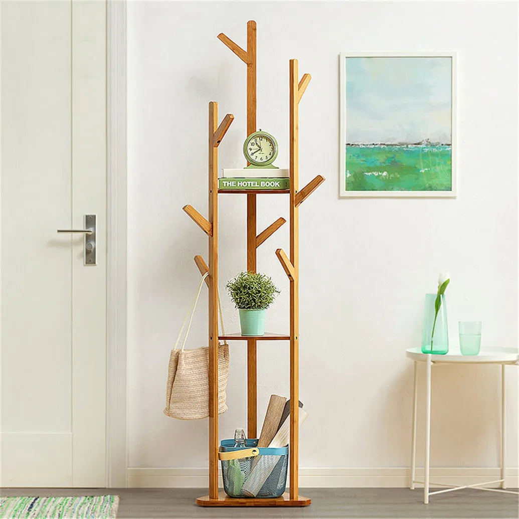 Wooden Coat Hat Hanger Stand 10 Hooks Floor Standing Clothes Bags Umbrella Rack Tree Hanger Bag Hat Hook Holder