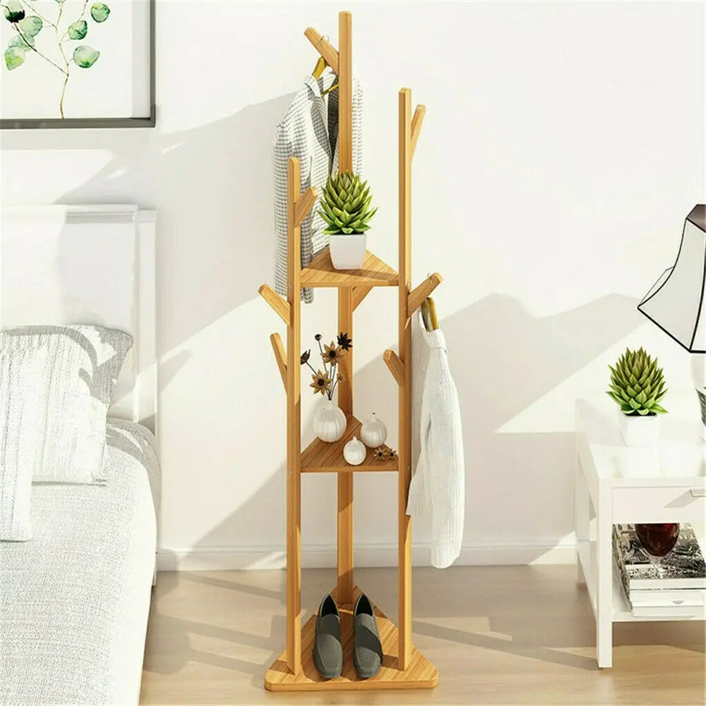 Wooden Coat Hat Hanger Stand 10 Hooks Floor Standing Clothes Bags Umbrella Rack Tree Hanger Bag Hat Hook Holder