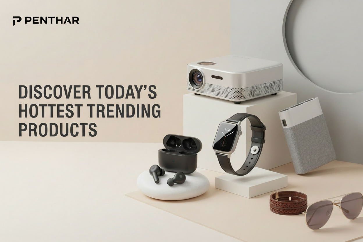 Create a clean, modern hero banner for an online store called PENTHAR. The design should feature trending products such as smart gadgets, wireless earbuds, watches, and stylish lifestyle accessories on a soft minimal background. Include bold headline space on the left side with room for text like ‘Discover Today’s Hottest Trending Products’. Use neutral tones, soft shadows, and a premium, trustworthy aesthetic suitable for a Shopify homepage.”